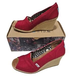 TOMS Red Classic Alpargata Slip-on Wedge Sandal Canvas Open Toe Heel Size 8.5